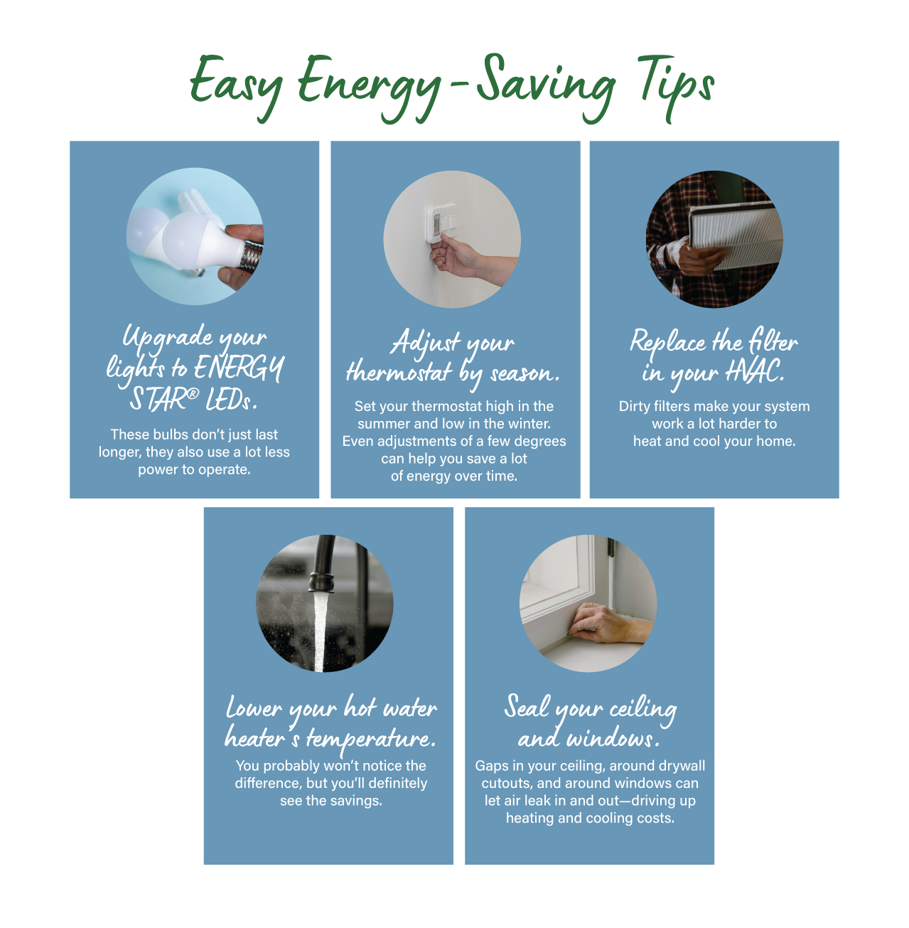 Infographic titled “Energy-Saving Tips” with images and text highlighting five tips: upgrade to ENERGY STAR LED lighting, adjust thermostat settings, replace HVAC filters, lower hot water temperature, and seal air leaks around ceilings and windows.